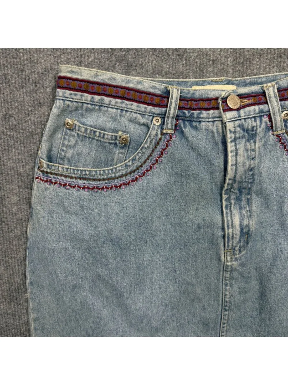 VTG Y2K 90s‎ Embroidered Beaded Denim Mini Skirt Western Boho Festival Size 6